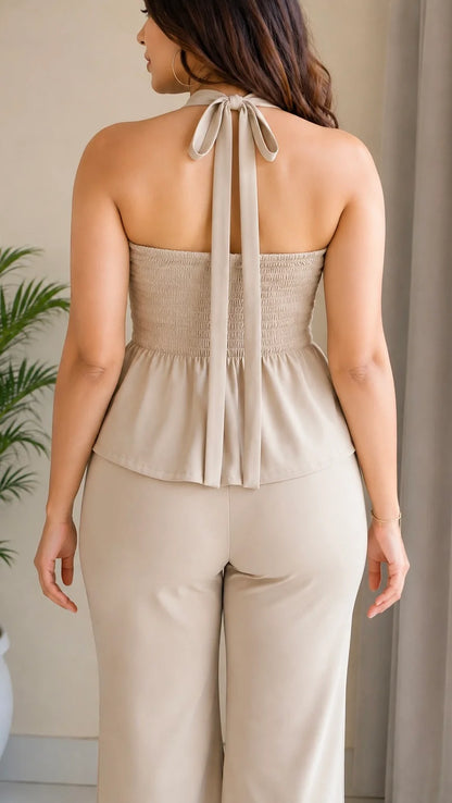 Beige Luxe Halter Peplum Co-Ord Set