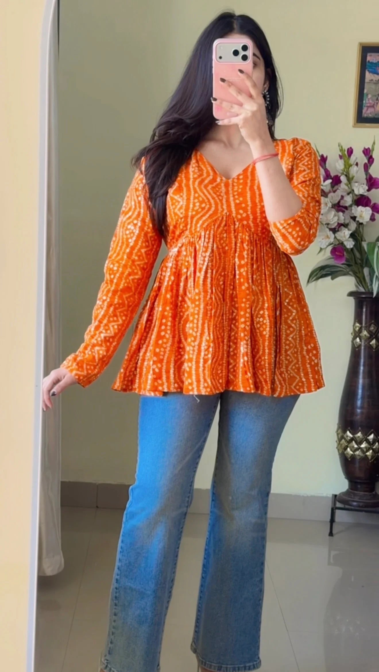 Mustard Yellow Floral Flared Short Kurti