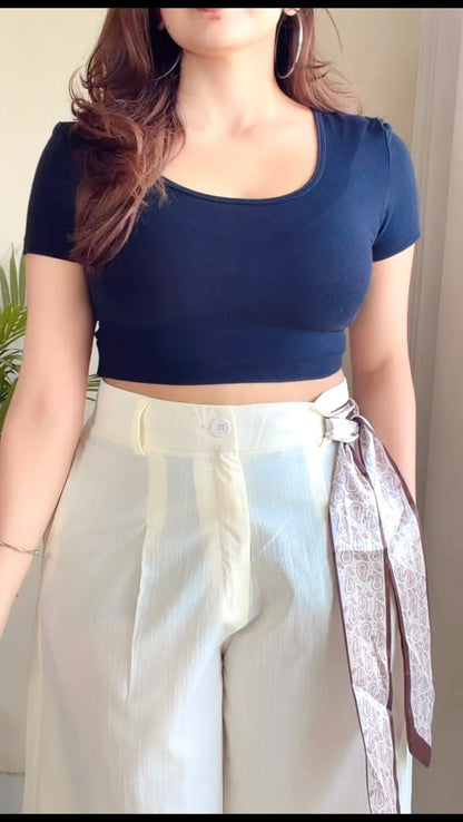 Off-White Linen Wide-Leg Trousers with scarf Belt