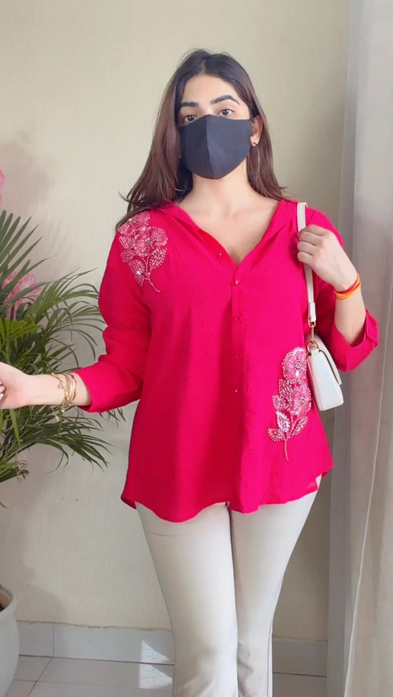 Pink leaf Embroidered Premium Shirt