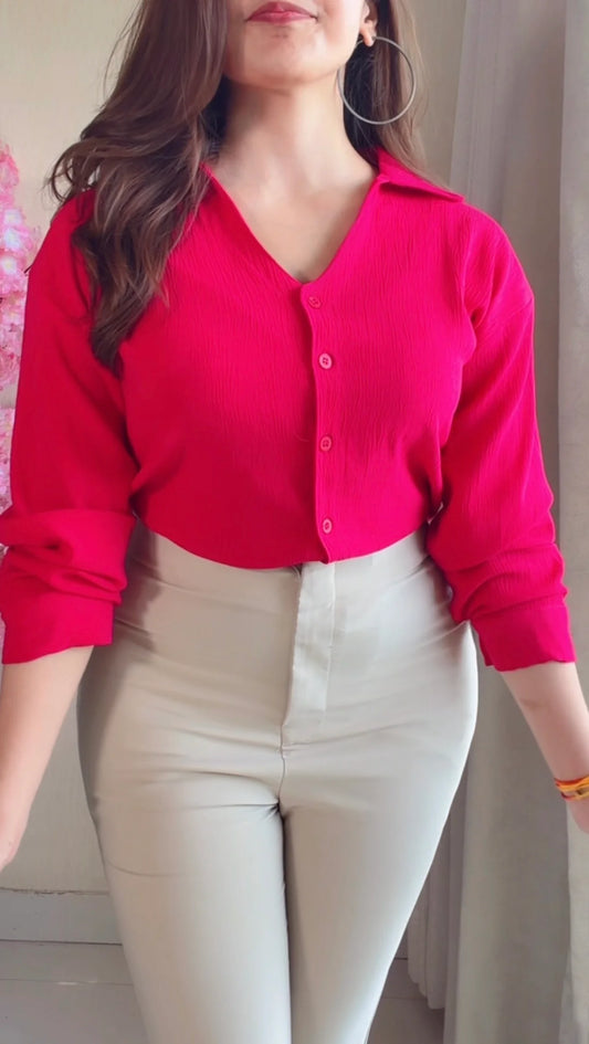 Pink Solid V-Neck Casual Shirt