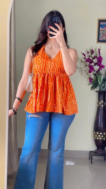 Orange Halter Neck Short Kurti (High Quality) KT-119