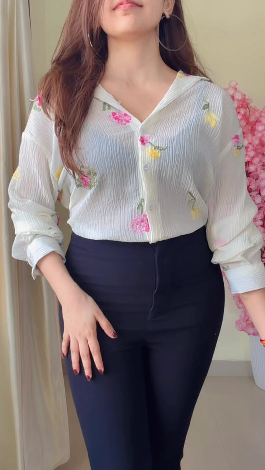 Multi-Color Floral V-Neck Embroidery Shirt