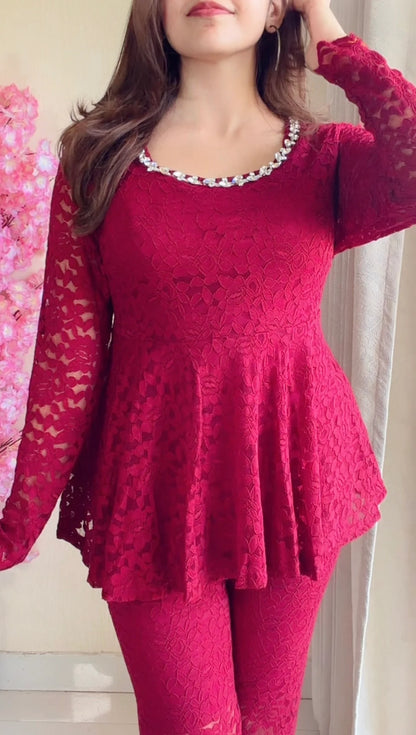 Cherry Red Lace Peplum Co-ord Set