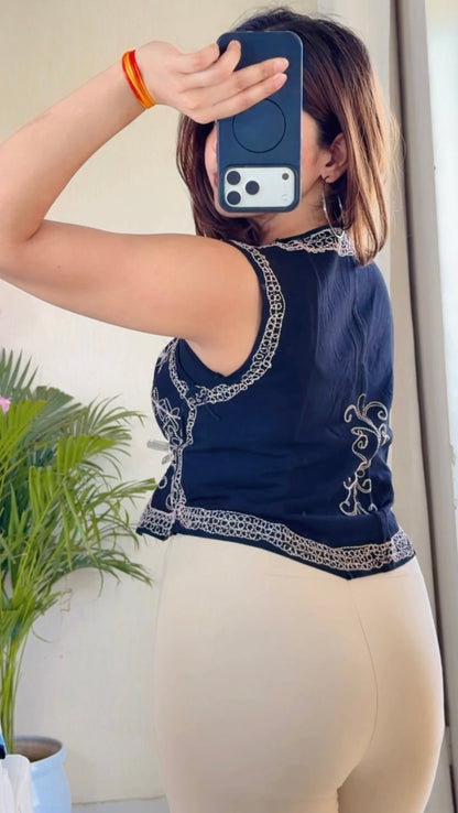 Vintage Bloom Embroidered Denim Vest (Light Pink)