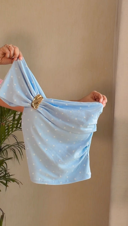 Blue Polka Dot Draped Shoulder Paddec Top