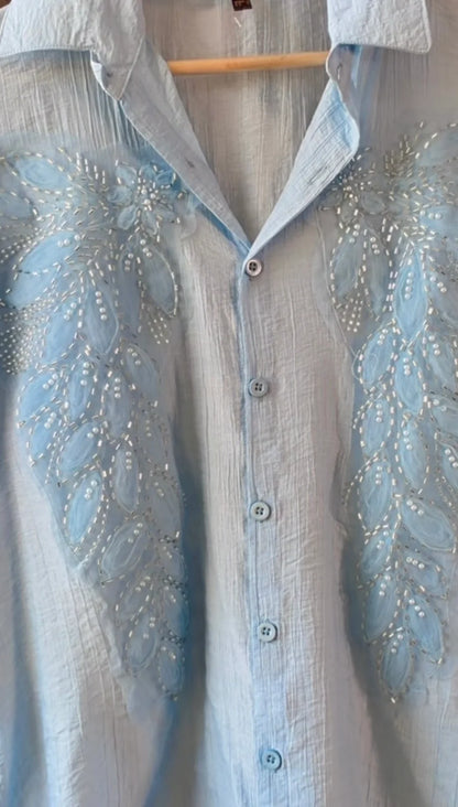 Light- Blue leaf Embroidered Premium Shirt