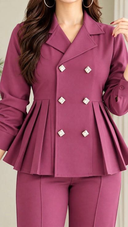 Pleated Double-Breasted Blazer Cord Set