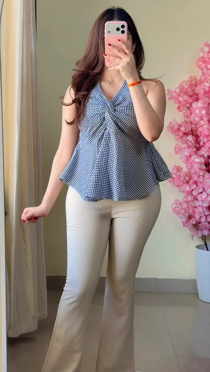 Black and White Striped Halter Neck Peplum Top