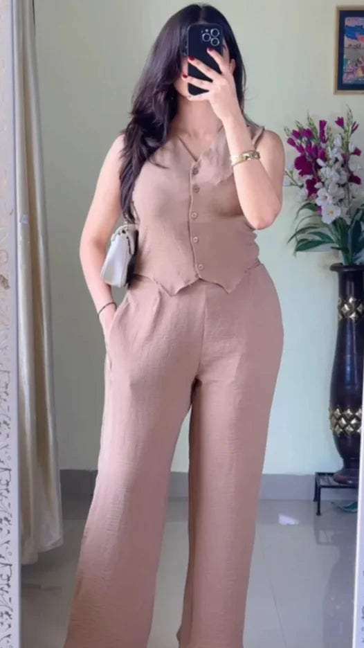 V-Neck Sleeveless Pure Cotton Waistcoat With Trouser-K183