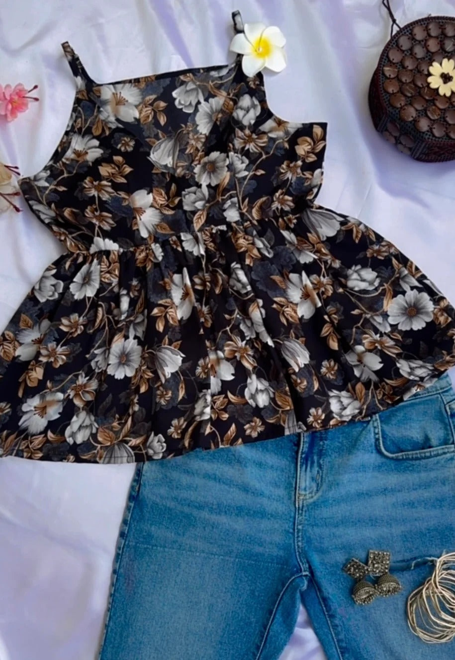 Black Women Floral Printed Halter Neck Short Kurti KT-124