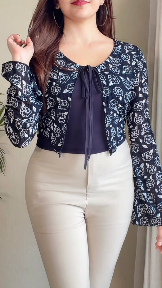 Printed Tie-Front Top with Inner