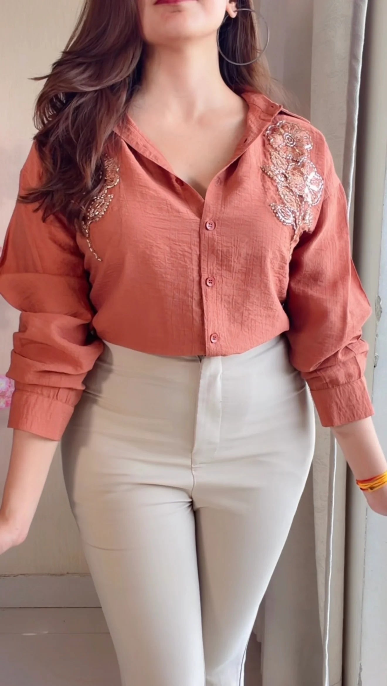Rust Brown leaf Embroidered Premium Shirt