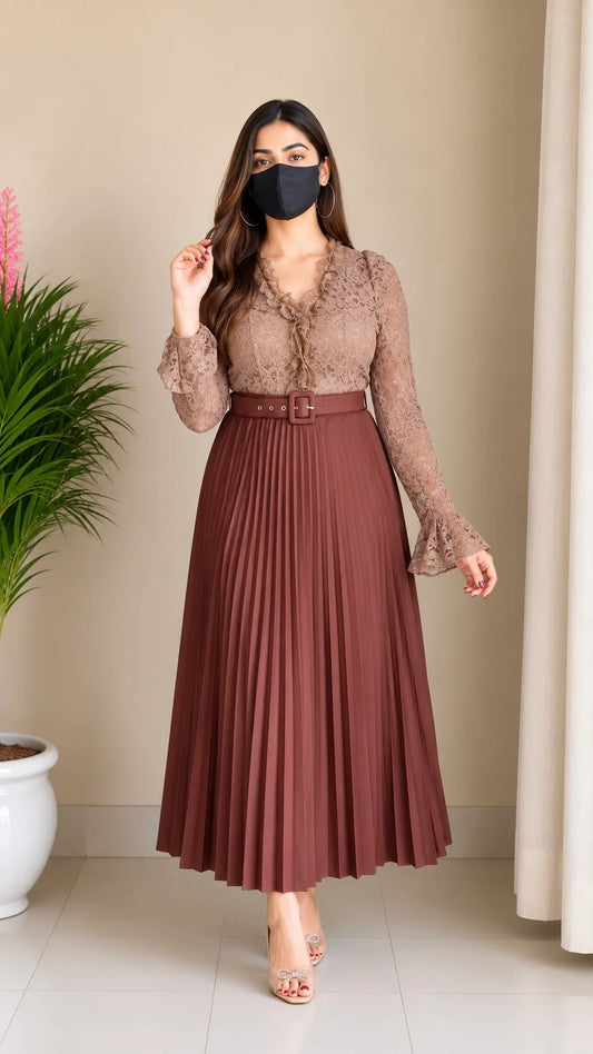 Lace Pleated Co-ord Set with Belt (Padded Top+ Skirt)