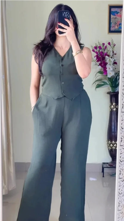 V-Neck Sleeveless Pure Cotton Waistcoat With Trouser-K179