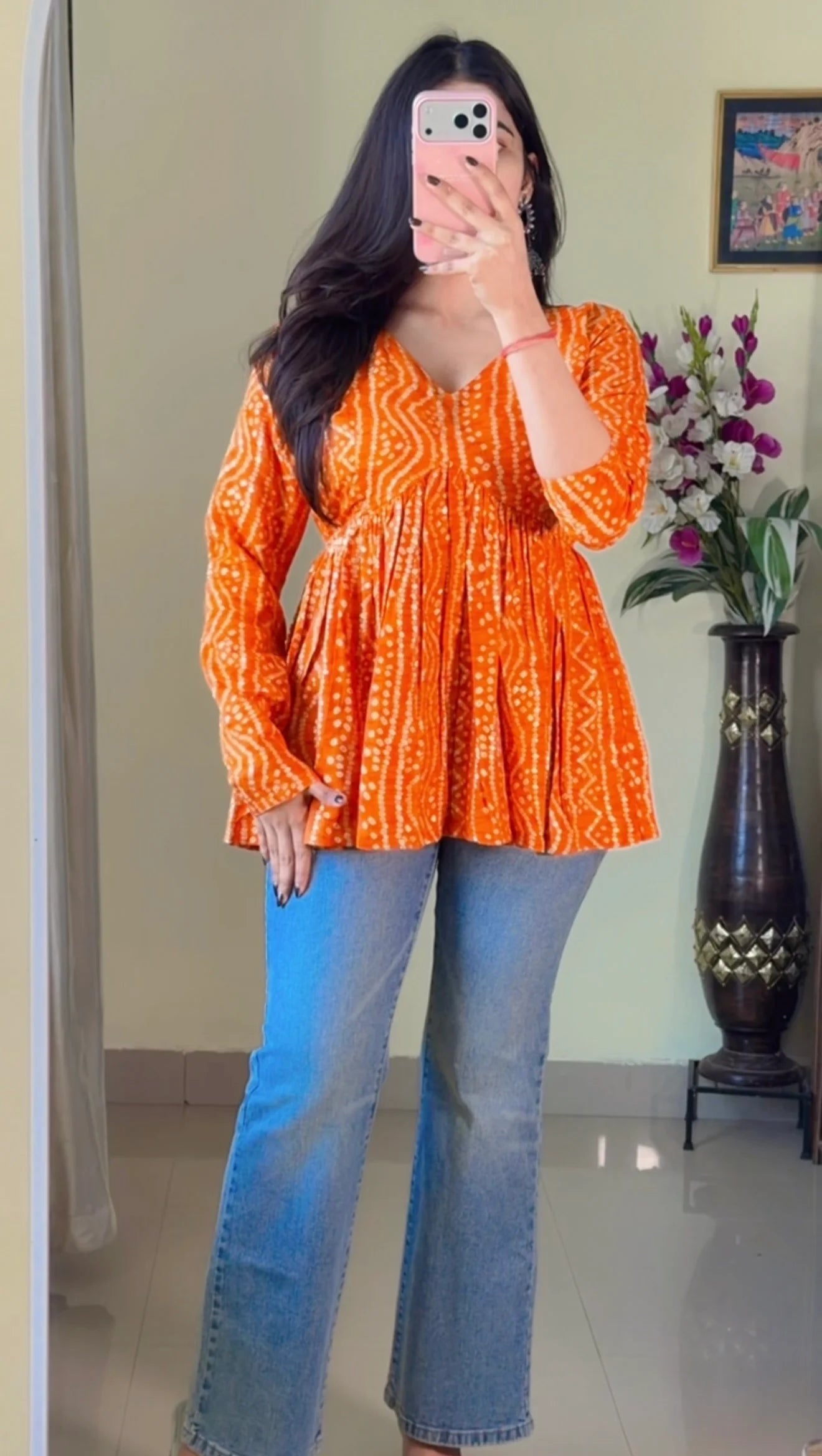 Mustard Yellow Floral Flared Short Kurti