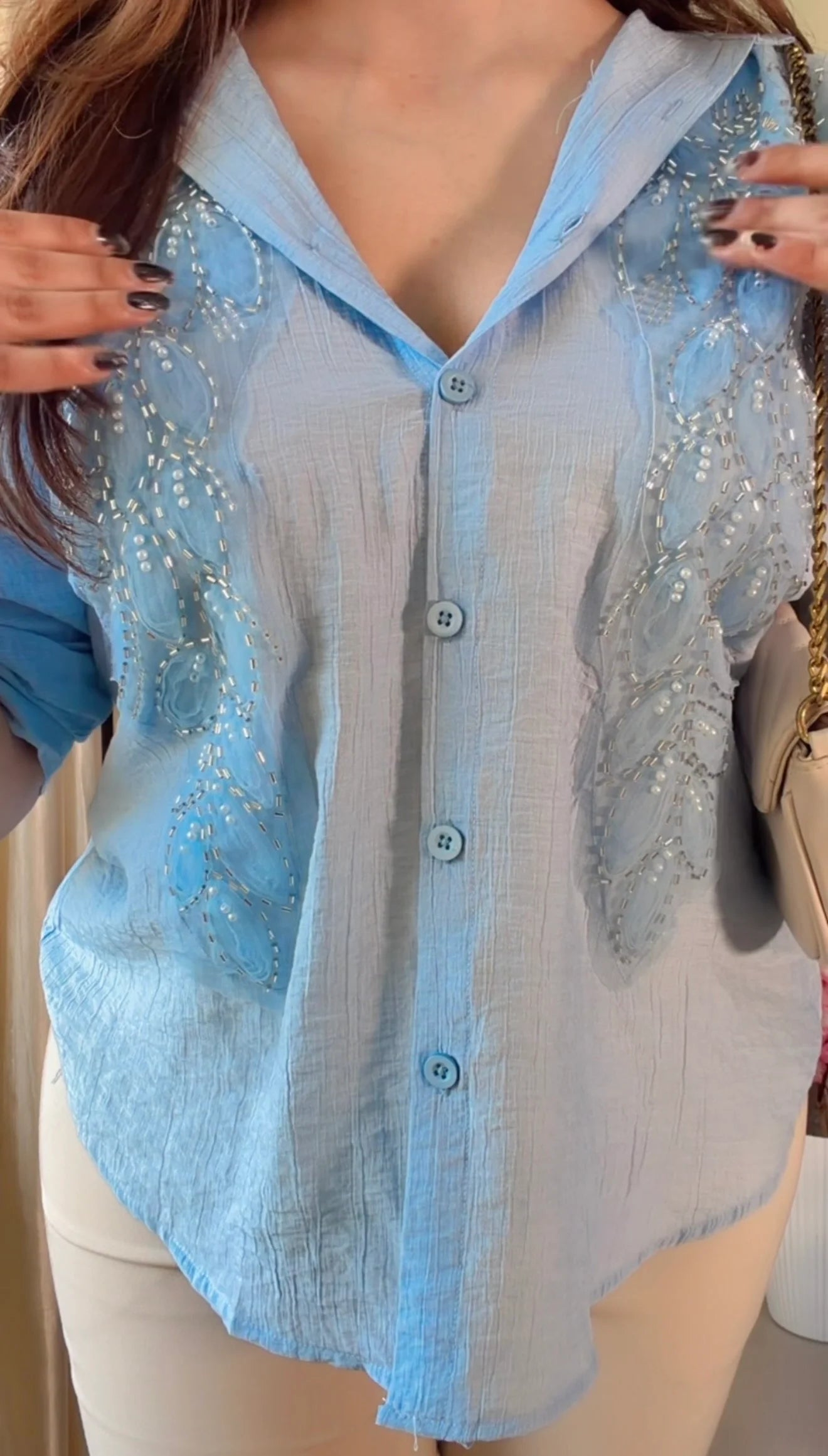 Light- Blue leaf Embroidered Premium Shirt