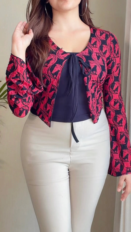 Printed Tie-Front Top with Inner