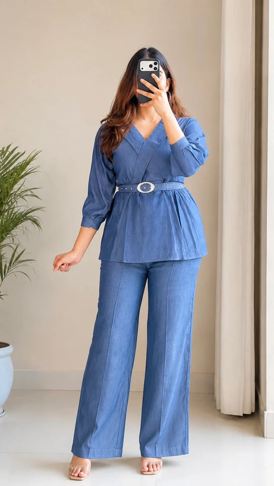 Structured Cotton Denim Belted Co-ord Set