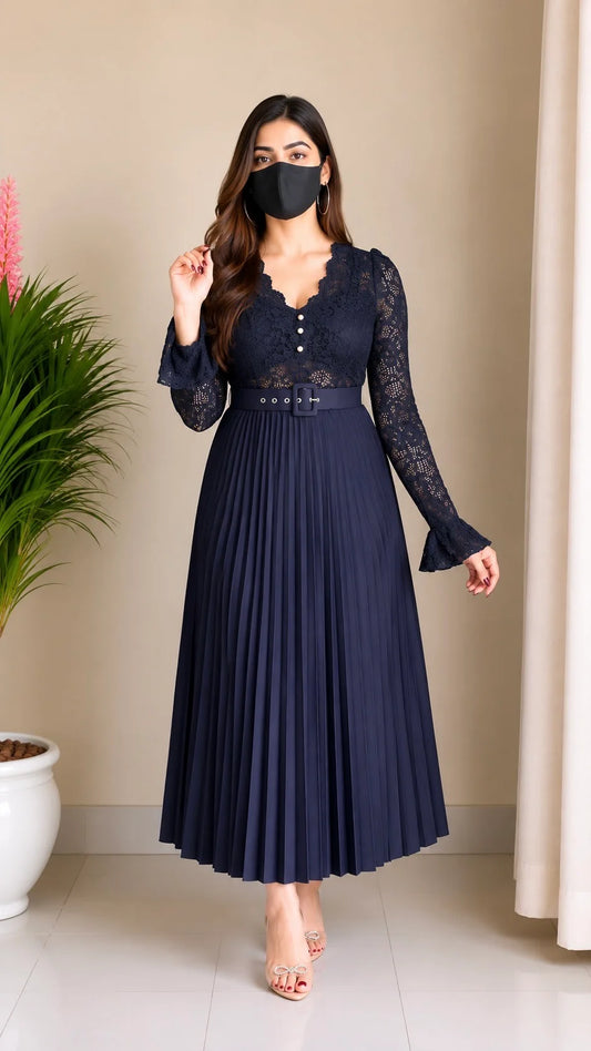 Lace Pleated Co-ord Set with Belt (Padded Top+ Skirt)