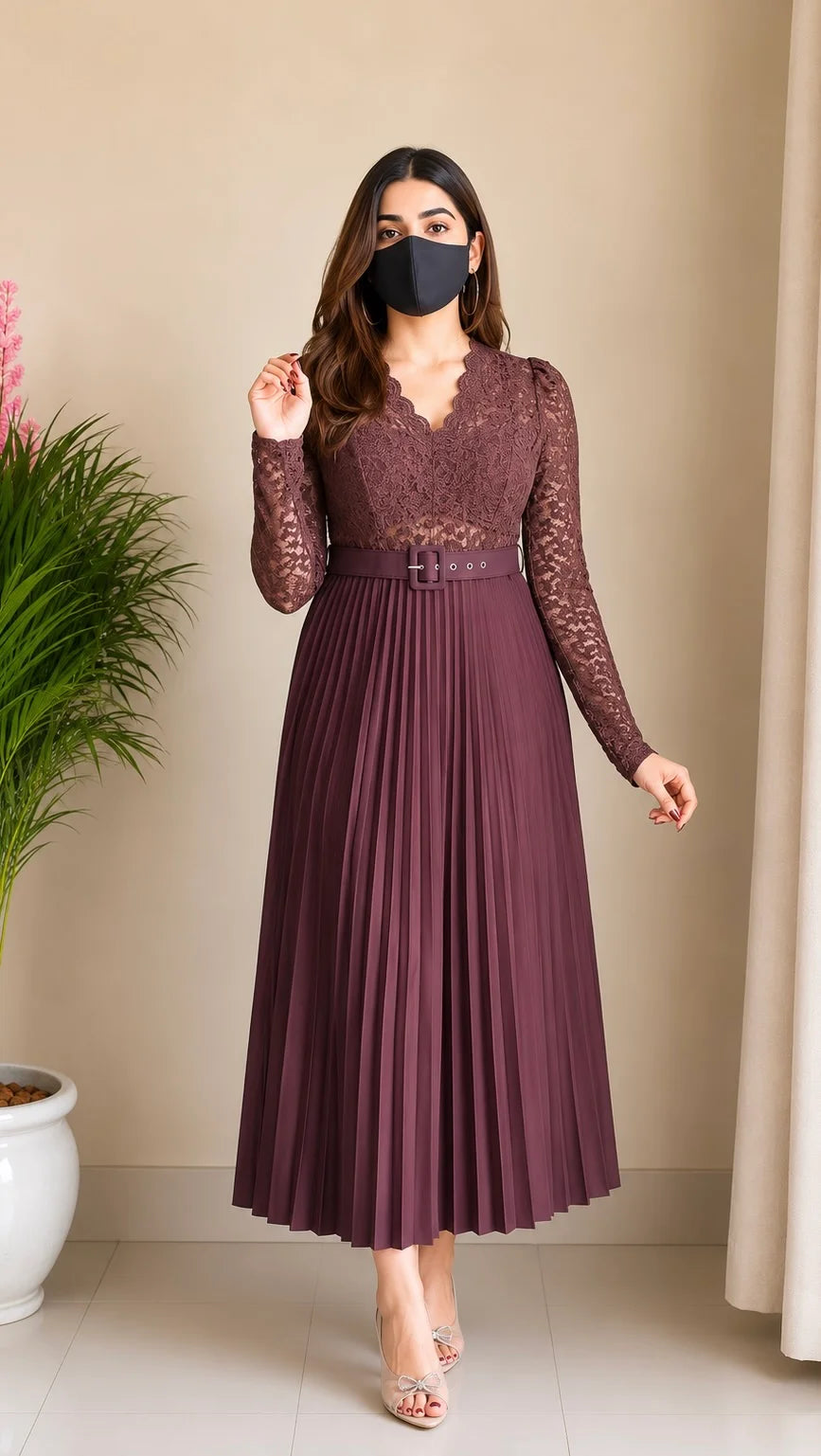Mocha Lace Pleated Co-ord Set with Belt (Top+ Skirt)
