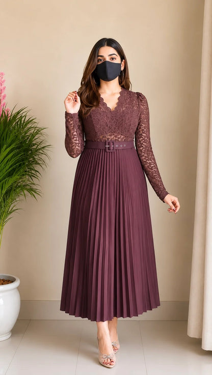 Mocha Lace Pleated Co-ord Set with Belt (Top+ Skirt)