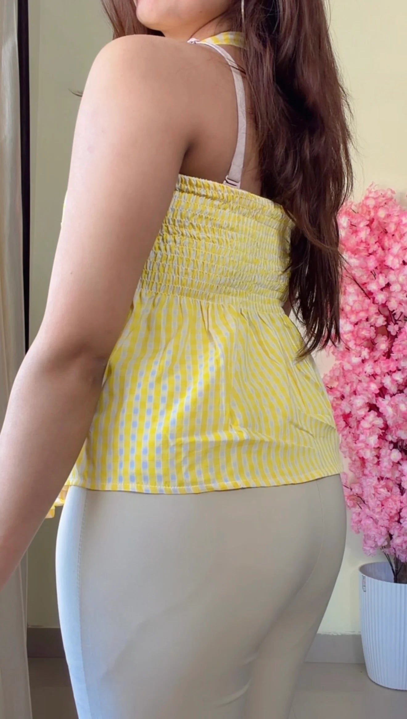 Yellow and White Striped Halter Neck Peplum Top