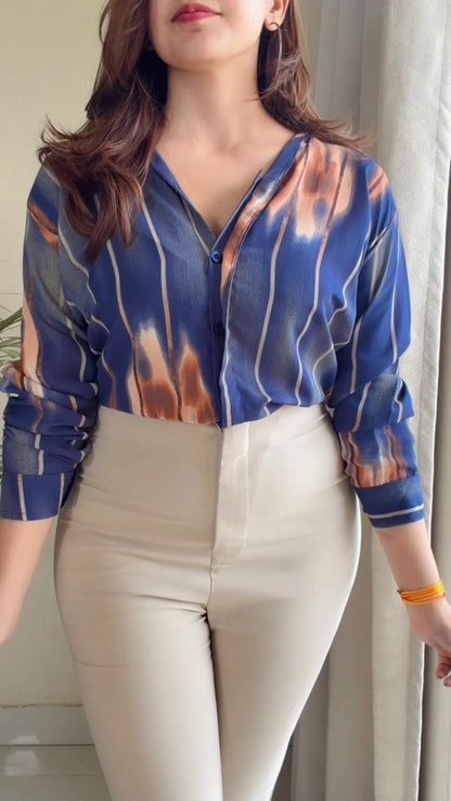 Blue Tie-Dye Stripe V-Neck Shirt