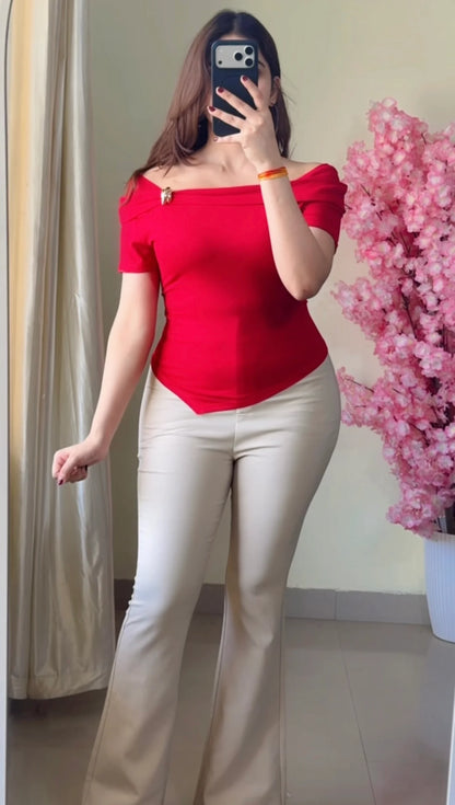 Scarlet Off-Shoulder Asymmetrical Top