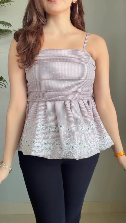 Classy Striped Floral Embroidery Square Neck Top