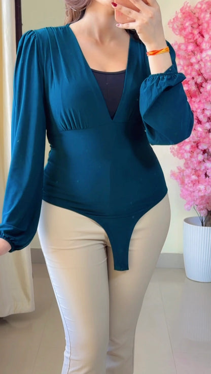 Teal Deep-V Puff Sleeve Bodysuit T807
