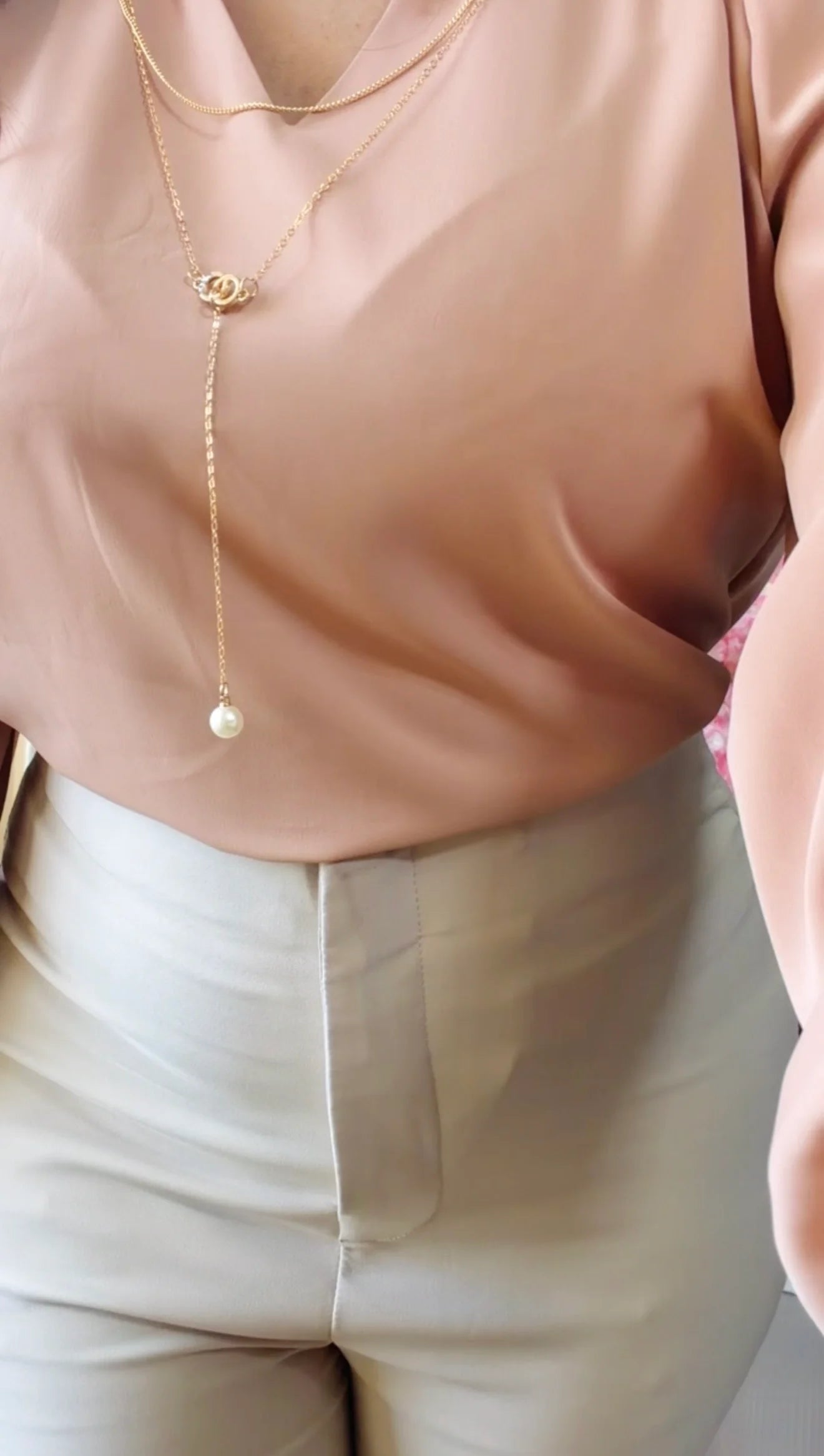 Peach Pearl Chain Tie Shirt