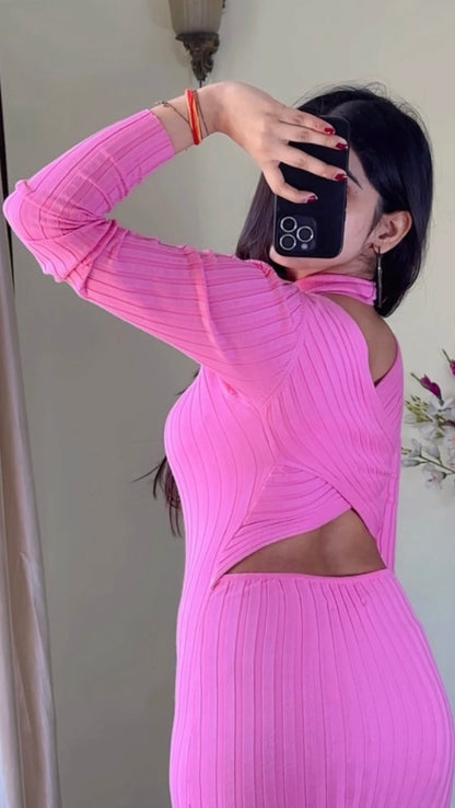 (Size-S to M) Pretty Ribbed  Dress- DO32