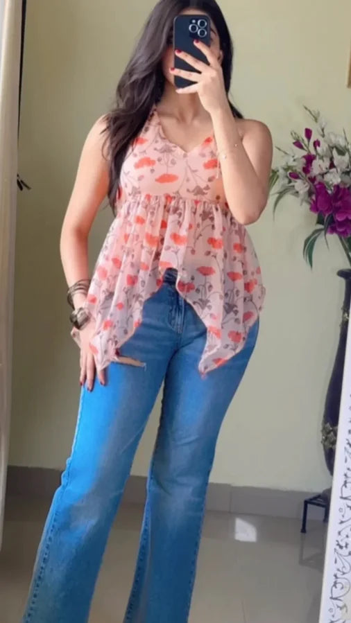 Peach Floral Halter Neck Short Kurti KT-102