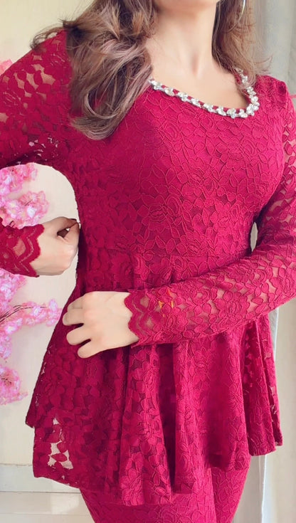 Cherry Red Lace Peplum Co-ord Set