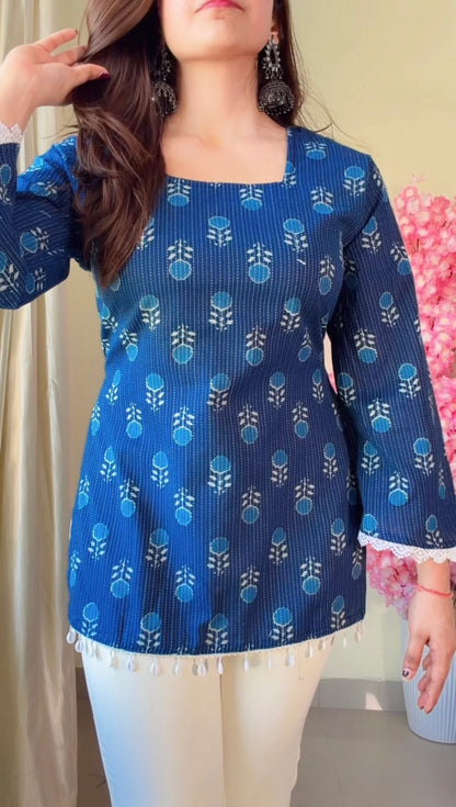 Blue Floral Flared Sleeves Short kurti
