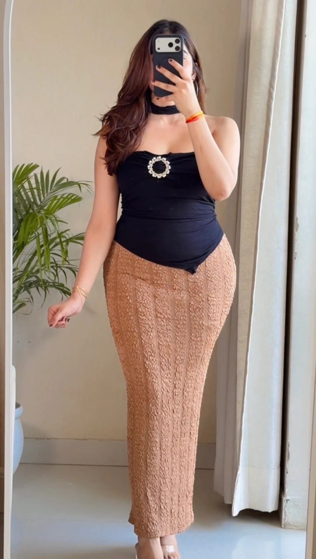Ruby Noir Co-ord Set (Black Top with Dust Brown Skirt)