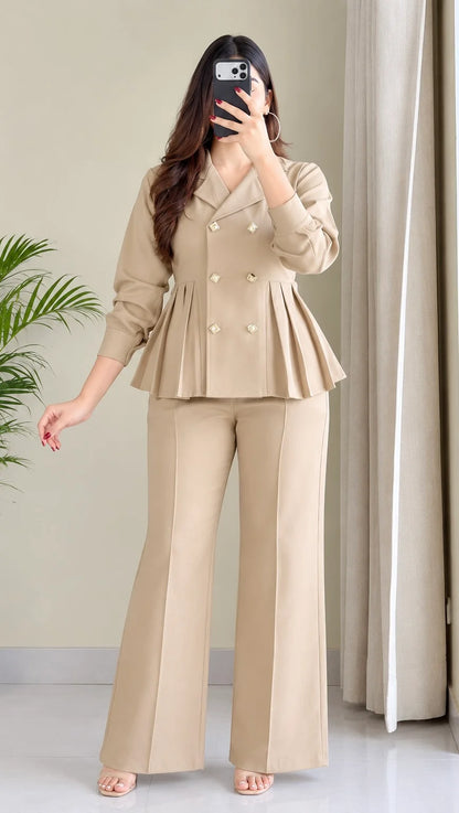 Pleated Double-Breasted Blazer Cord Set