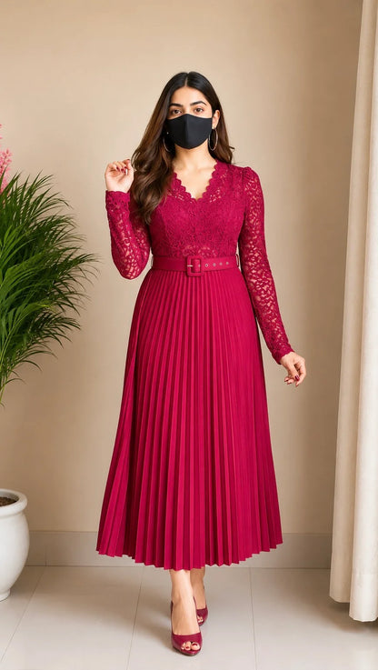 Cherry Red Lace Pleated Co-ord Set with Belt (Top+ Skirt)