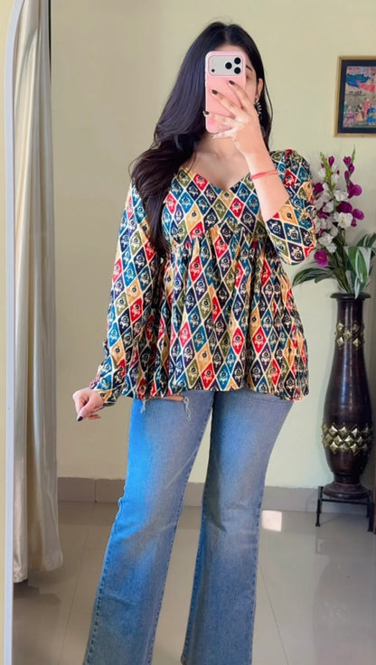 Jaipuri Print  Flared Short Kurti