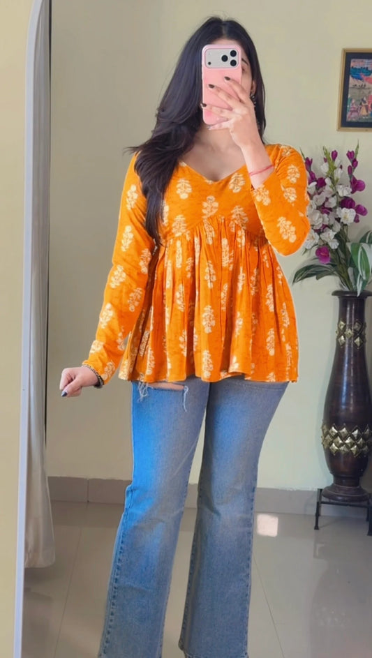 Mustard Yellow Floral Flared Short Kurti