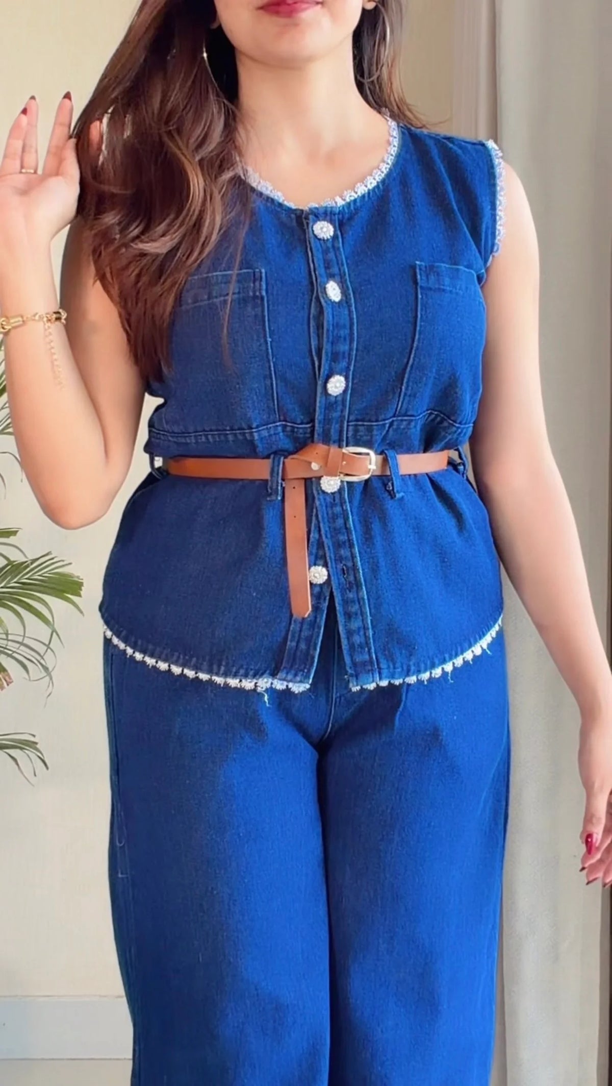 Soft Denim Belted Peplum Coord Set