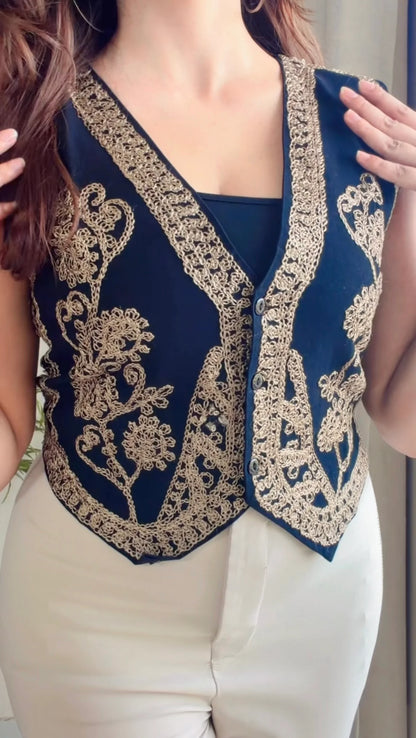 Vintage Bloom Embroidered Denim Vest (Golden)