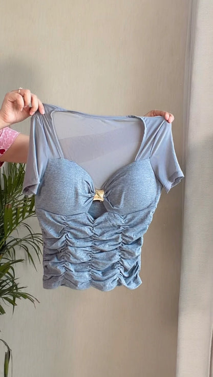 Grey Ruched Mesh Sleeve Padded Top
