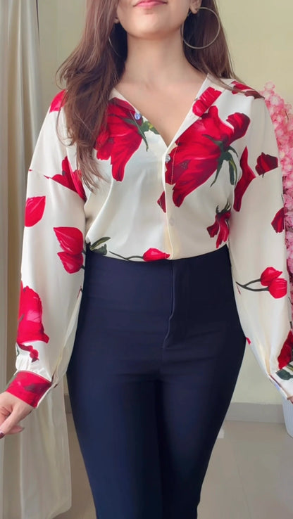 Cherry Red  Floral V-Neck Premium Shirt