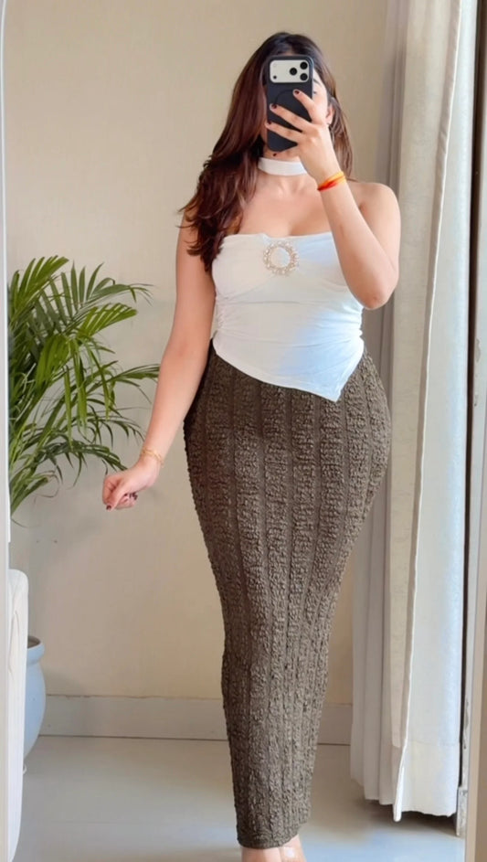 Ruby Noir Co-ord Set (White Top with Olive Skirt)