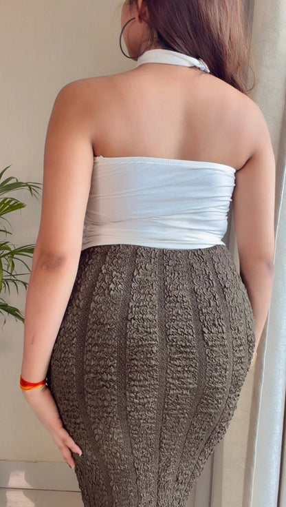 Ruby Noir Co-ord Set (White Top with Olive Skirt)
