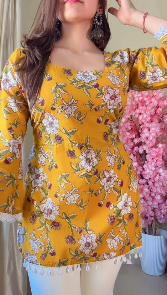 Yellow Floral Flared Sleeves Short kurti