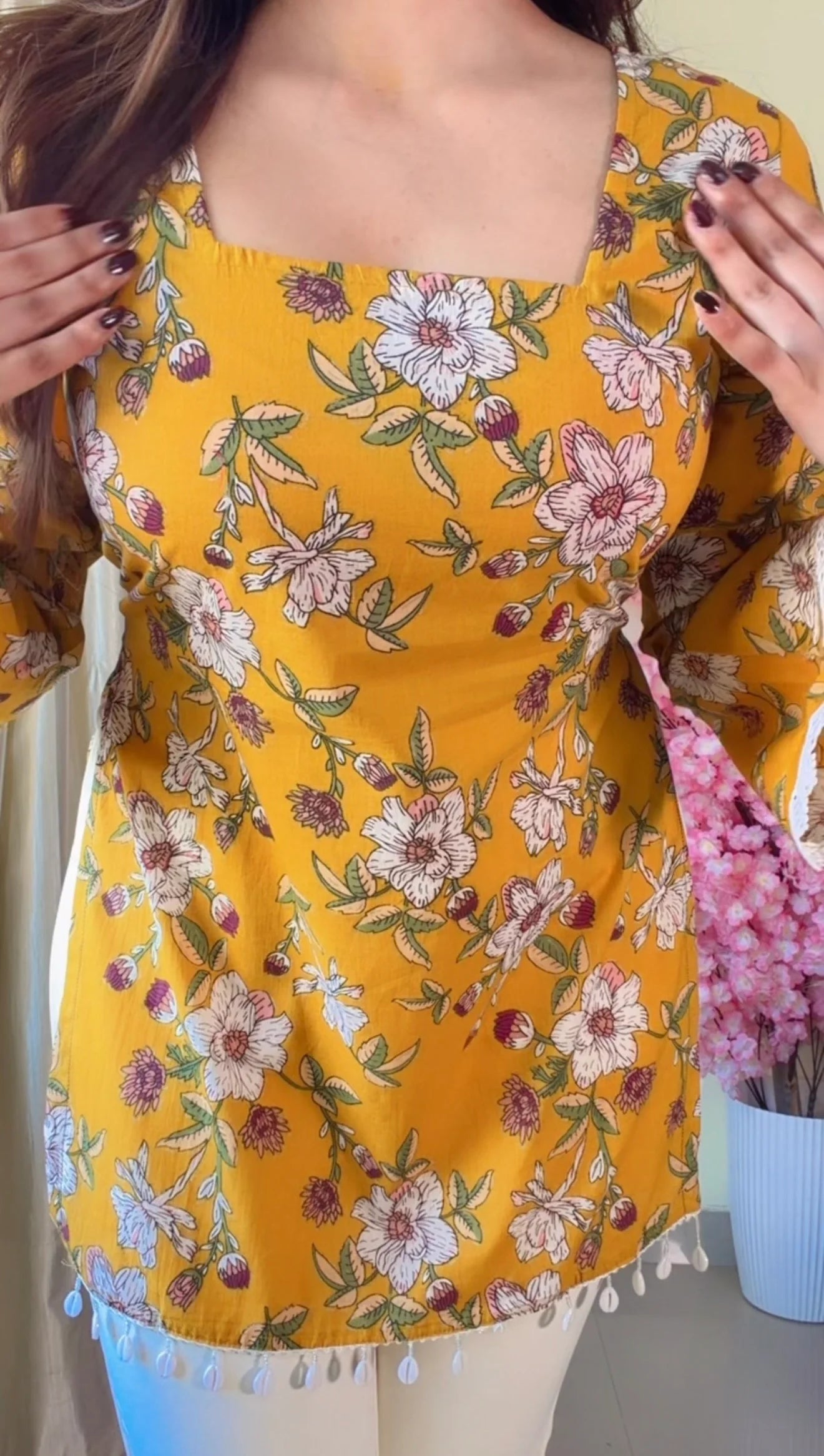 Yellow Floral Flared Sleeves Short kurti