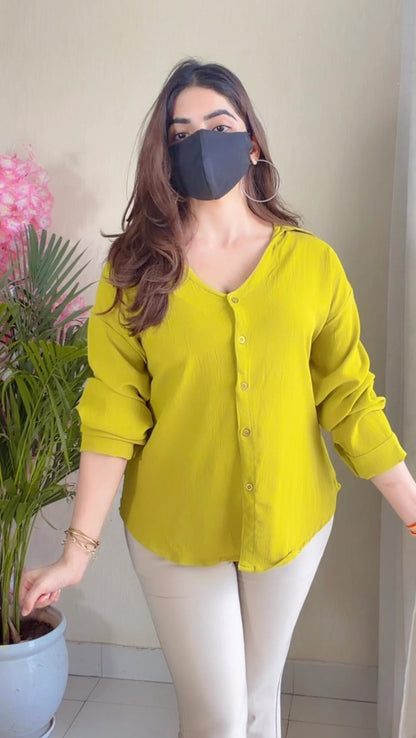 Lemon Yellow Solid V-Neck Casual Shirt